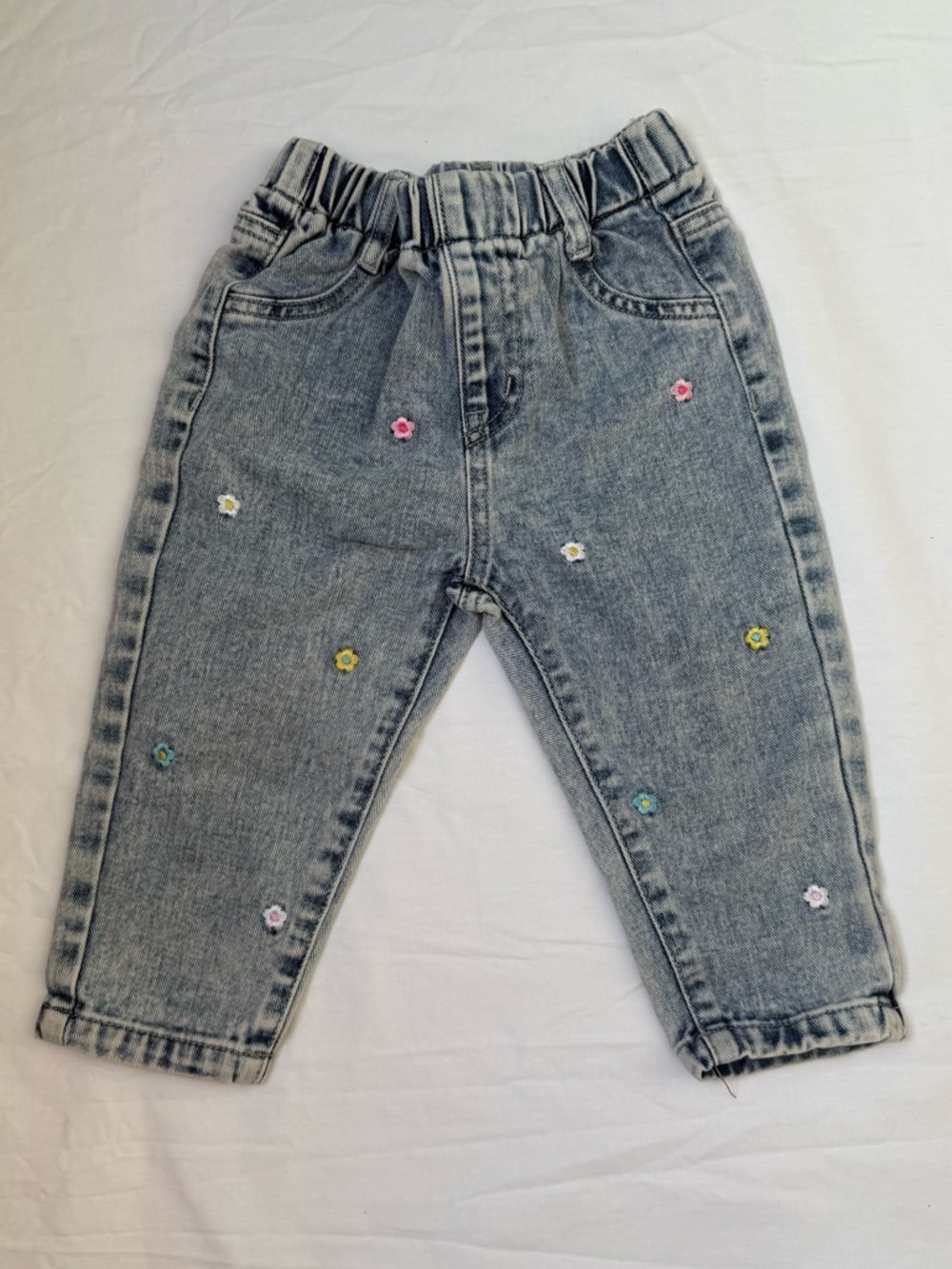 Kids Light Wash Denim Jeans with Embroidered Flowers